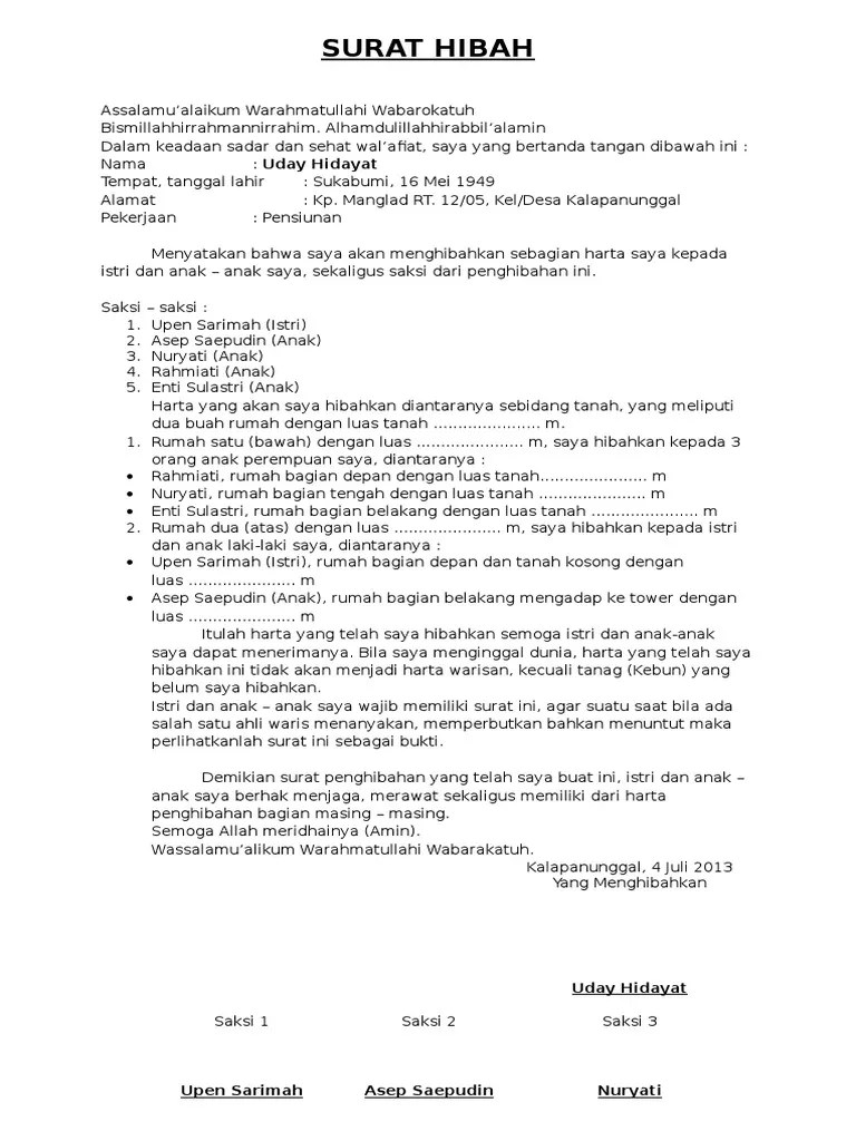 Tak hanya tanah, hibah juga dapat berupa bangunan, rumah… Pernyataan Hibah Contoh Surat Warisan Tanah Dari Orang Tua Kepada Anak Nusagates