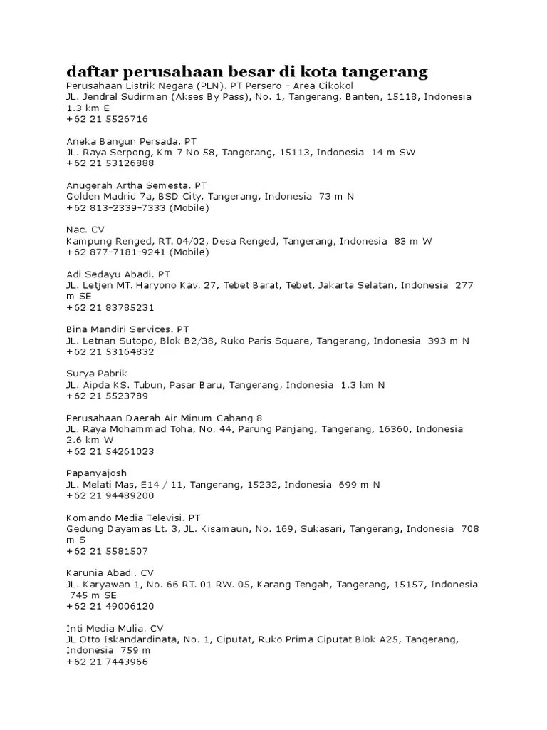 Daftar Perusahaan Besar Di Kota Tangerang | PDF