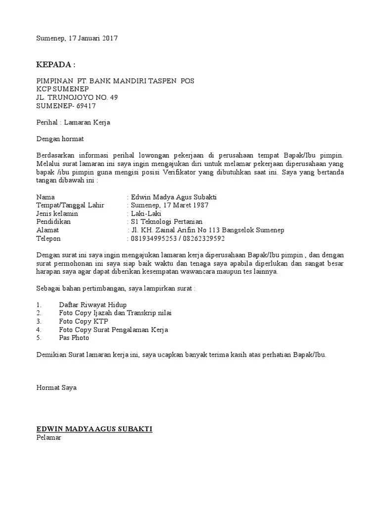 Daftar riwayat hidup ( curriculum vitae ) · 2. Contoh Surat Lamaran Bank Mandiri Taspen Pos Contoh Surat Yang Baik
