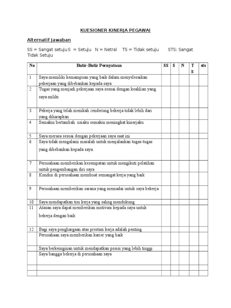 Dan pelatihan kerja terhadap kinerja karyawan (studi pada karyawan cv. Contoh Kuesioner Motivasi Kerja Aneka Macam Contoh