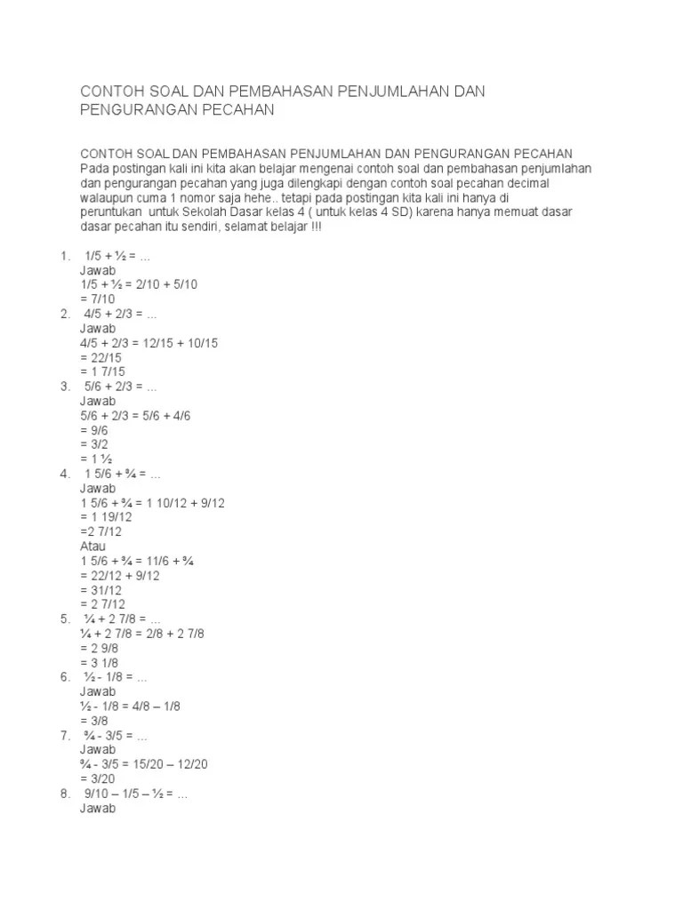 Contoh Soal Dan Pembahasan Penjumlahan Dan Pengurangan Pecahan | PDF