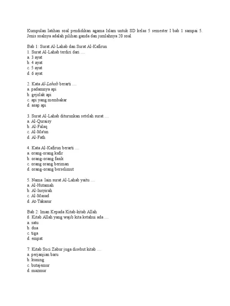 Fokus buku latihan soal agama islam sd kelas 1 2 3 4 5 6. Kumpulan Latihan Soal Pendidikan Agama Islam Untuk Sd Kelas 5 Semester I Bab 1 Sampai 5 Pdf
