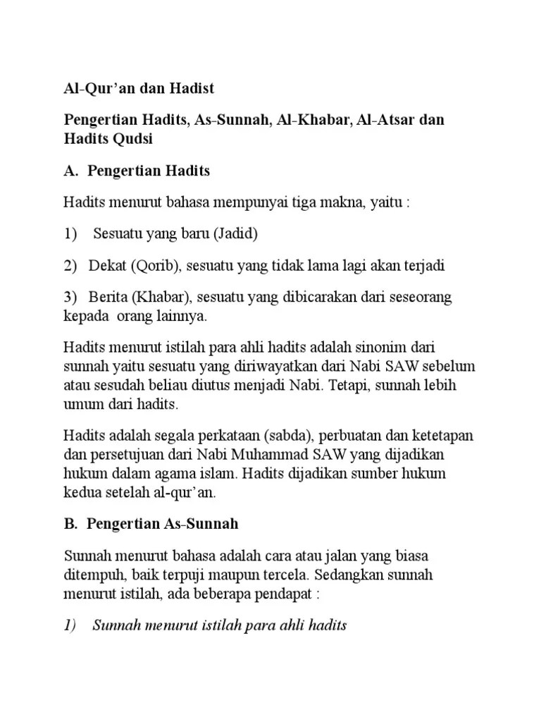 Jelaskan Pengertian A. Hadis B. Hadits Qudsi Dan Contohnya