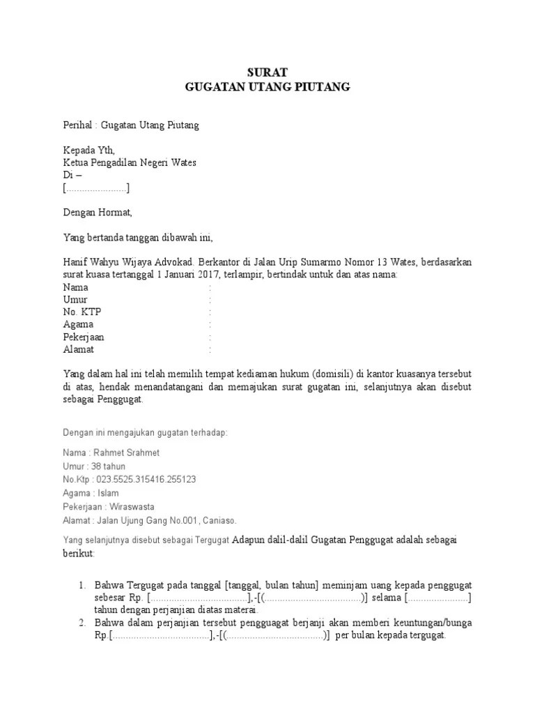 Terdiri dari nama organisasi atau lembaga pengirim surat, alamat lembaga lengkap dengan nomor telepon, . Contoh Surat Gugatan Utang Piutang Yang Resmi, Baik, Benar Format Word