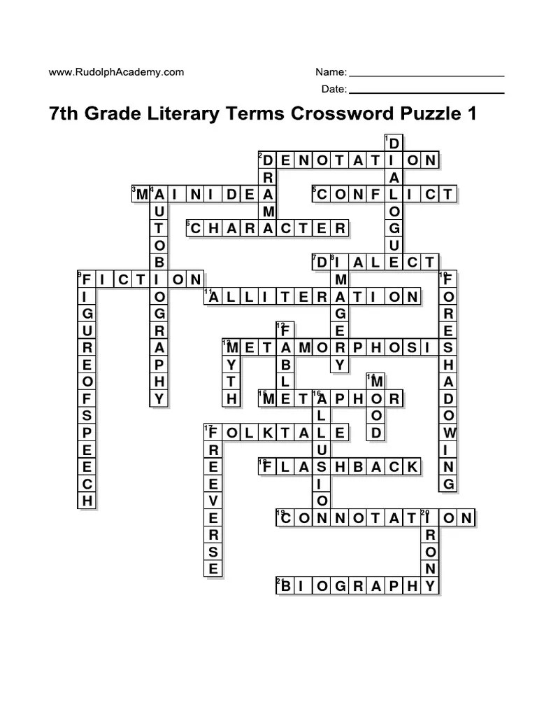 7th grade literary terms crossword puzzle 1 solution1 puzzles