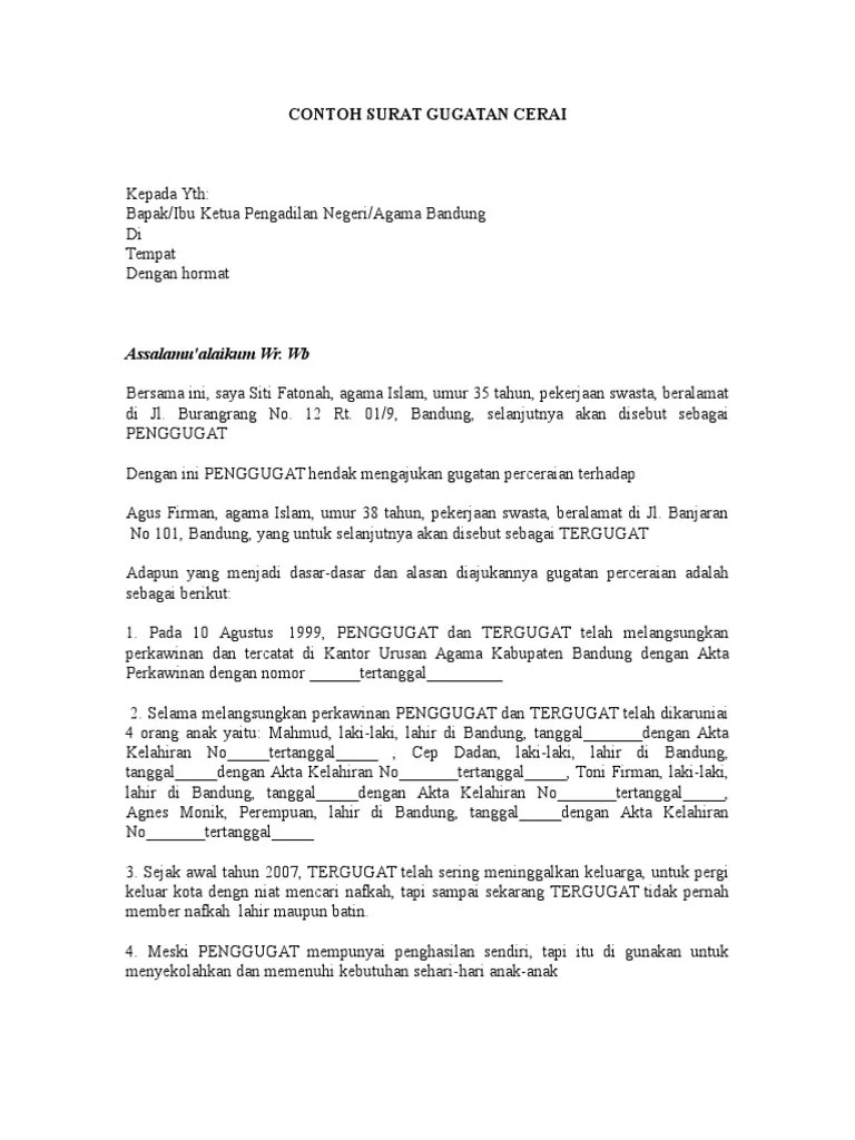 Dalam perkara gugatan terdapat dua pihak yang saling berhadapan (yaitu penggugat dan … Contoh Surat Gugatan Cerai Pdf