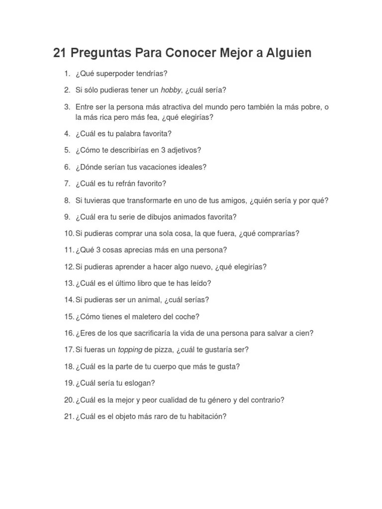 50 preguntas para conocer mejor a una persona . 21 Preguntas Para Conocer Mejor A Alguien Pdf