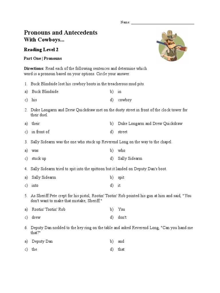 pronouns and antecedents worksheet reading level 02 american old west