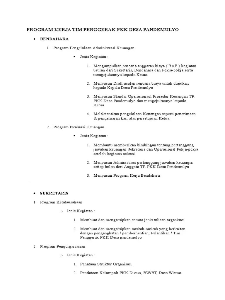 Program Kerja Tim Penggerak PKK Desa Pandemulyo | PDF