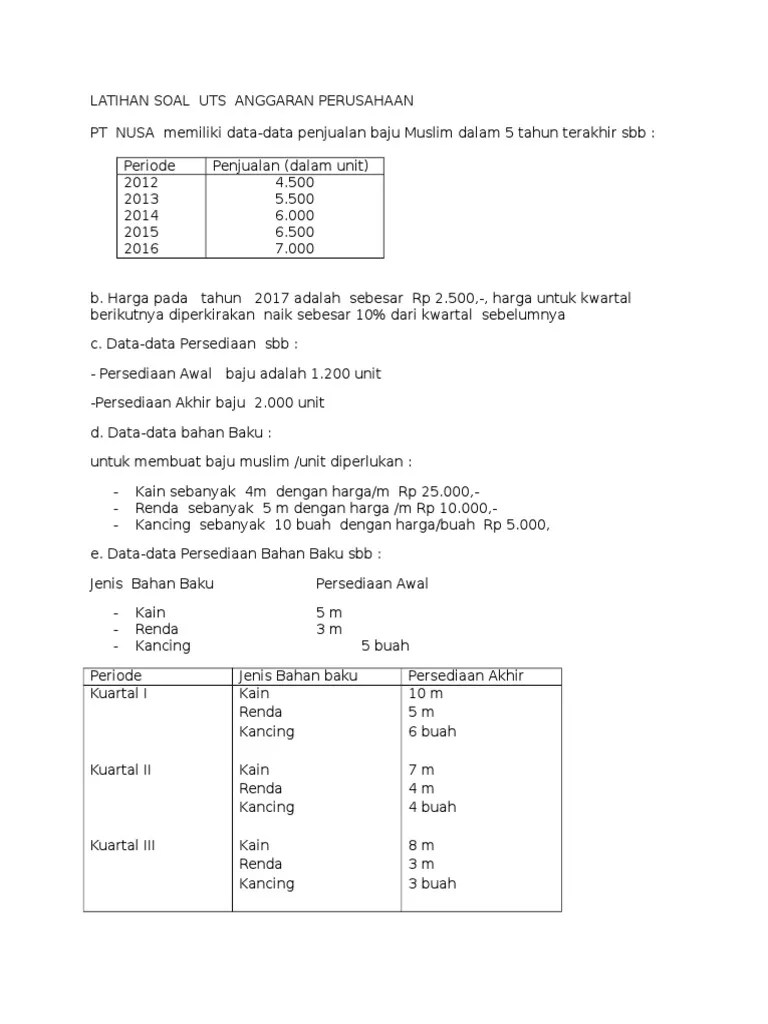 Contoh soal dan jawaban akuntansi perusahaan dagang. Latihan Soal Uts Anggaran Perusahaan