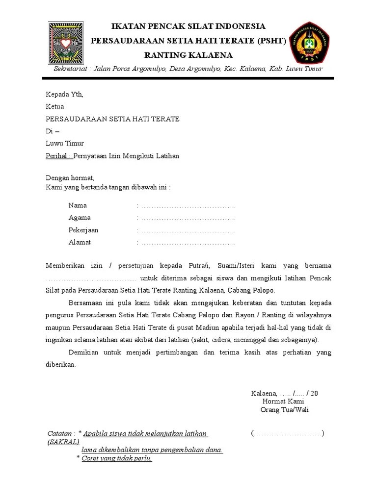 Contoh Surat Izin Orang Tua Untuk Mengikuti Kegiatan Pencak Silat -  Nusagates