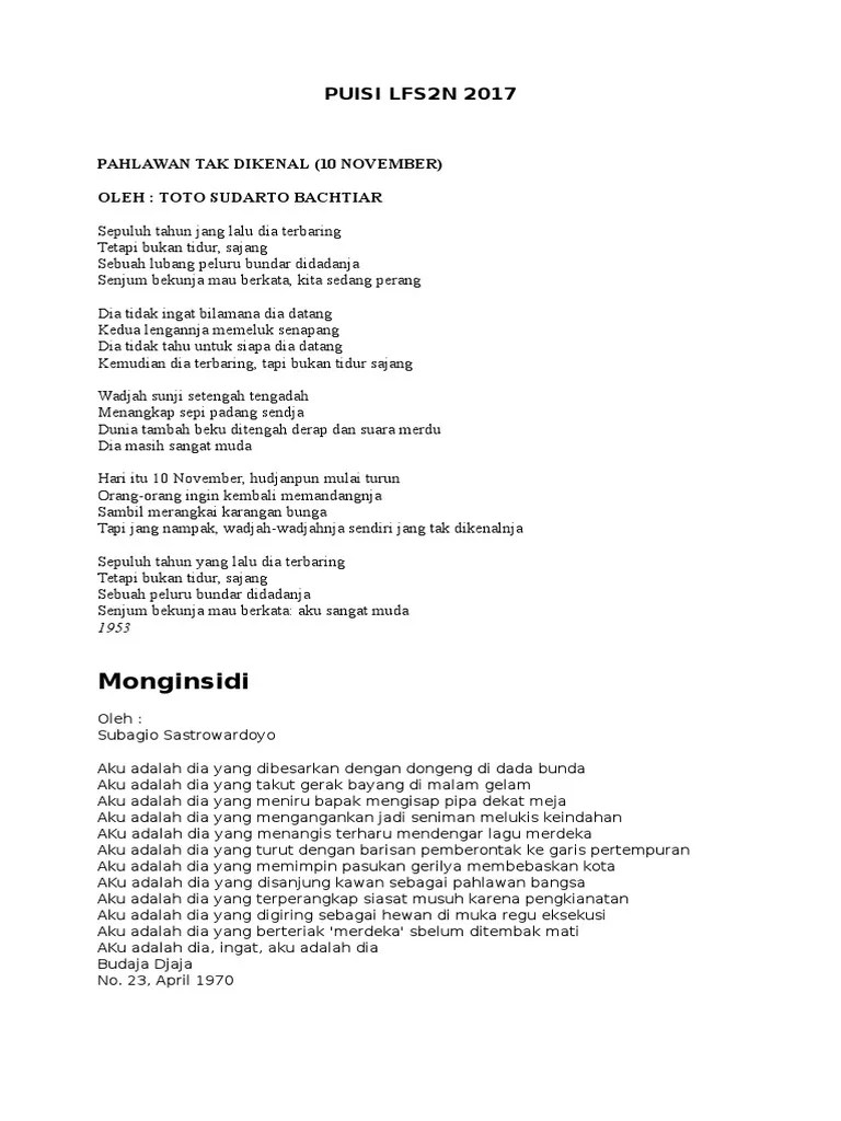 Semua cemas musnah di masa kekelaman. Puisi Lfs2n 2017