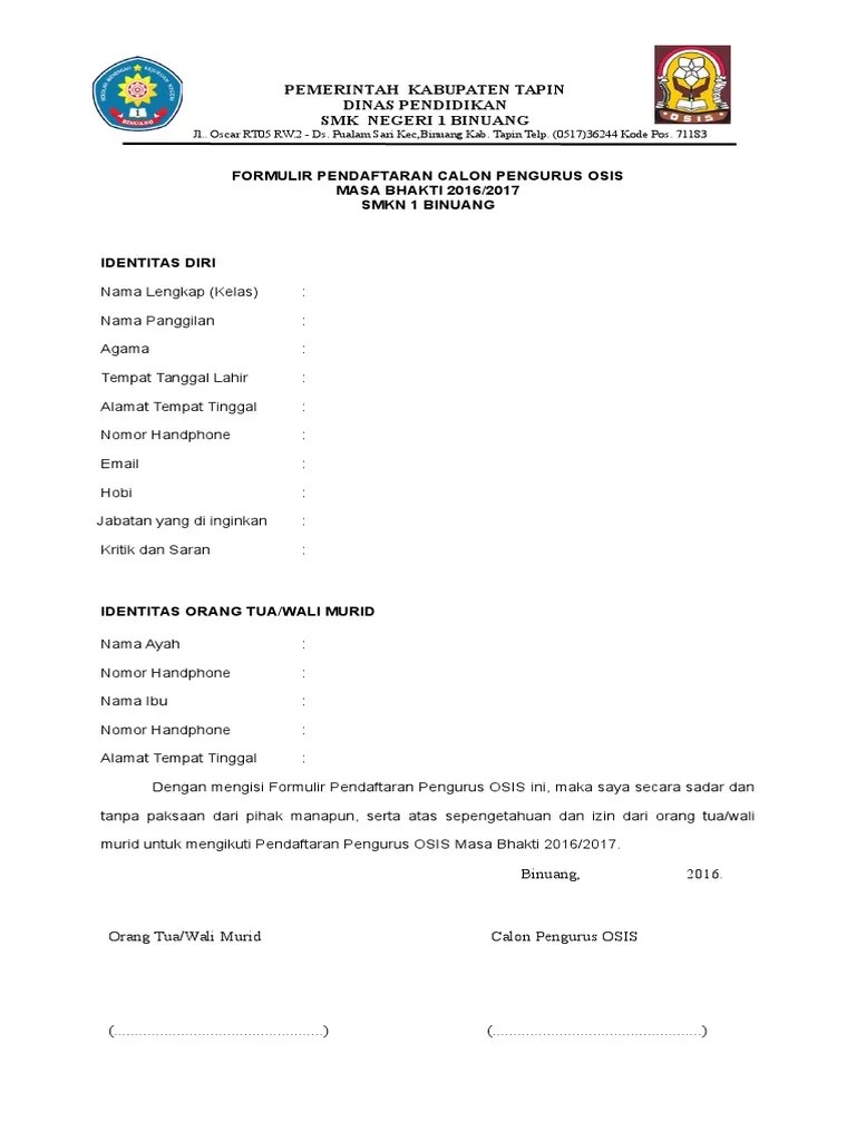 Formulir Pendaftaran Calon Pengurus Osis | PDF