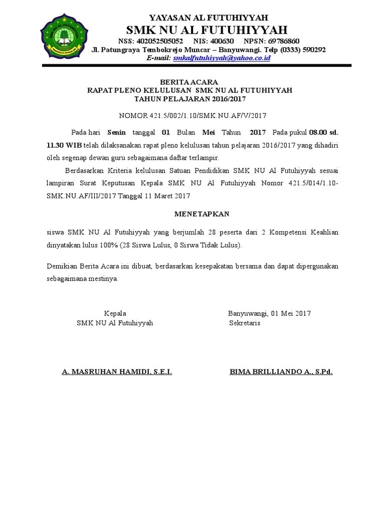 Download dokumen contoh sk kelulusan siswa, sk kriteria kelulusan siswa dan. Berita Acara Pleno Kelulusan Smk Pdf