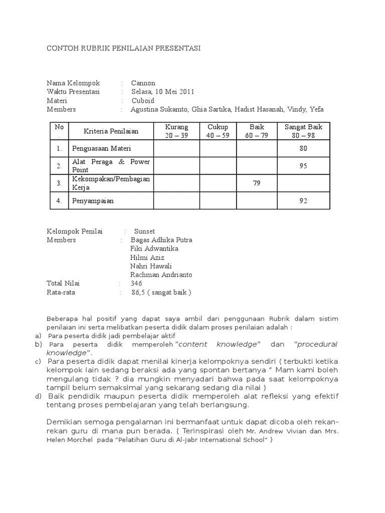 Ada dua contoh format penilaian, penilaian sikap … contoh rubrik penilaian aspek sikap dan aspek keterampilan selama pjj. Contoh Rubrik Penilaian Presentasi Pdf