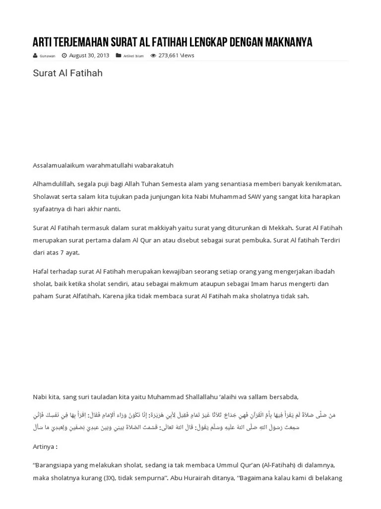 Arti Terjemahan Surat Al Fatihah Lengkap Dengan Maknanya | PDF
