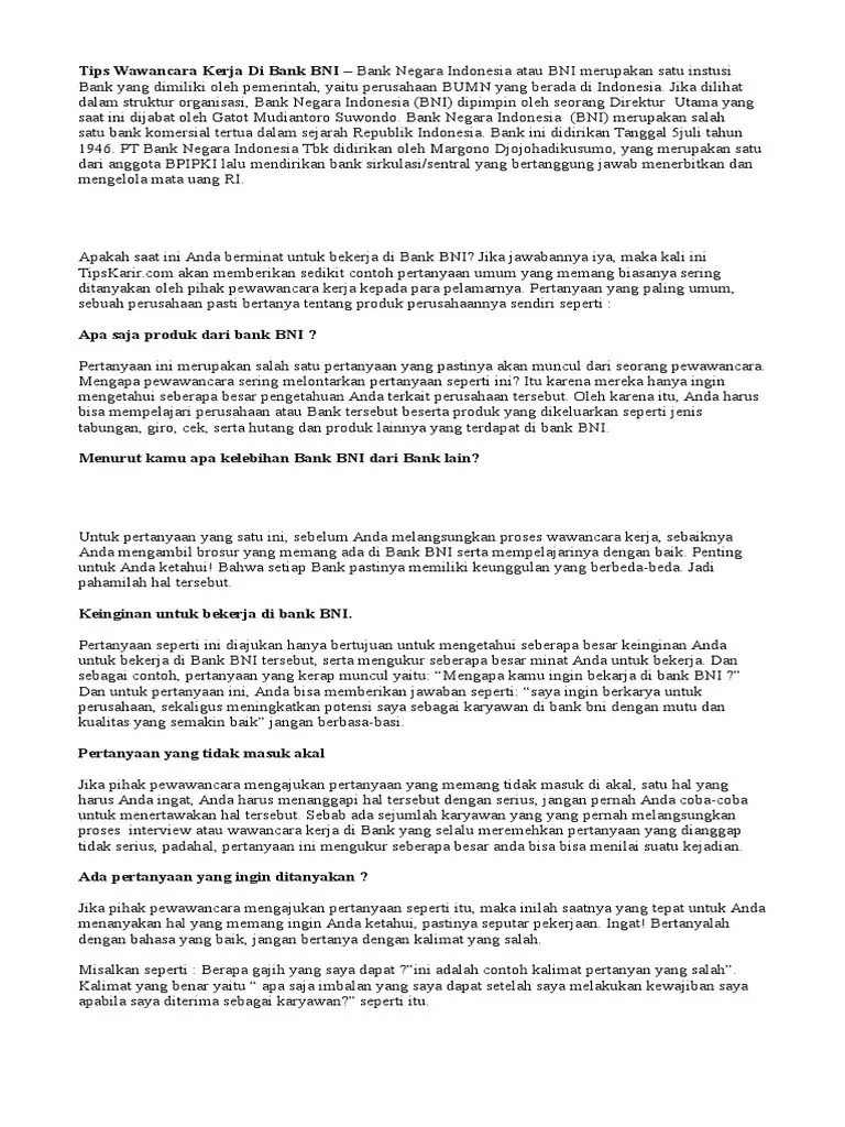 Tips Wawancara Kerja Di Bank BNI | PDF