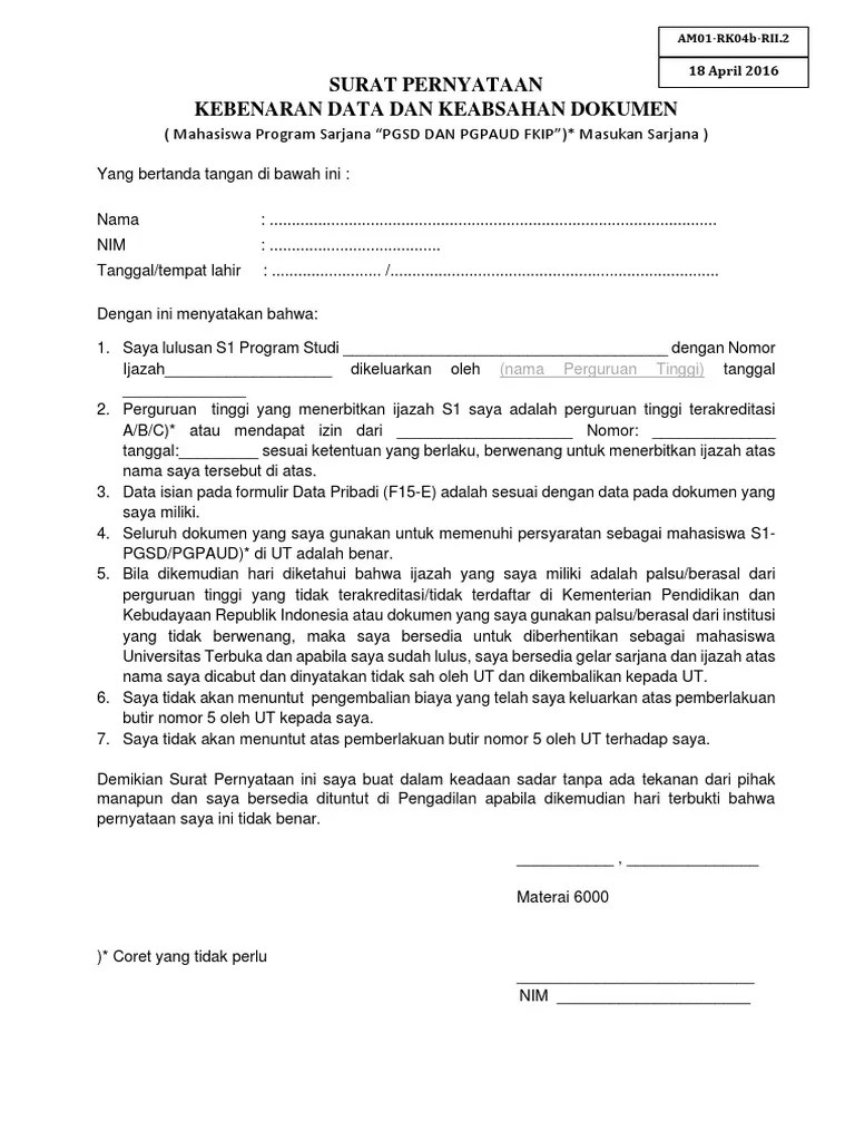 Savesave contoh surat pernyataan keabsahan dan kebenaran. Surat Pernyataan Kebenaran Data Dan Dokumen