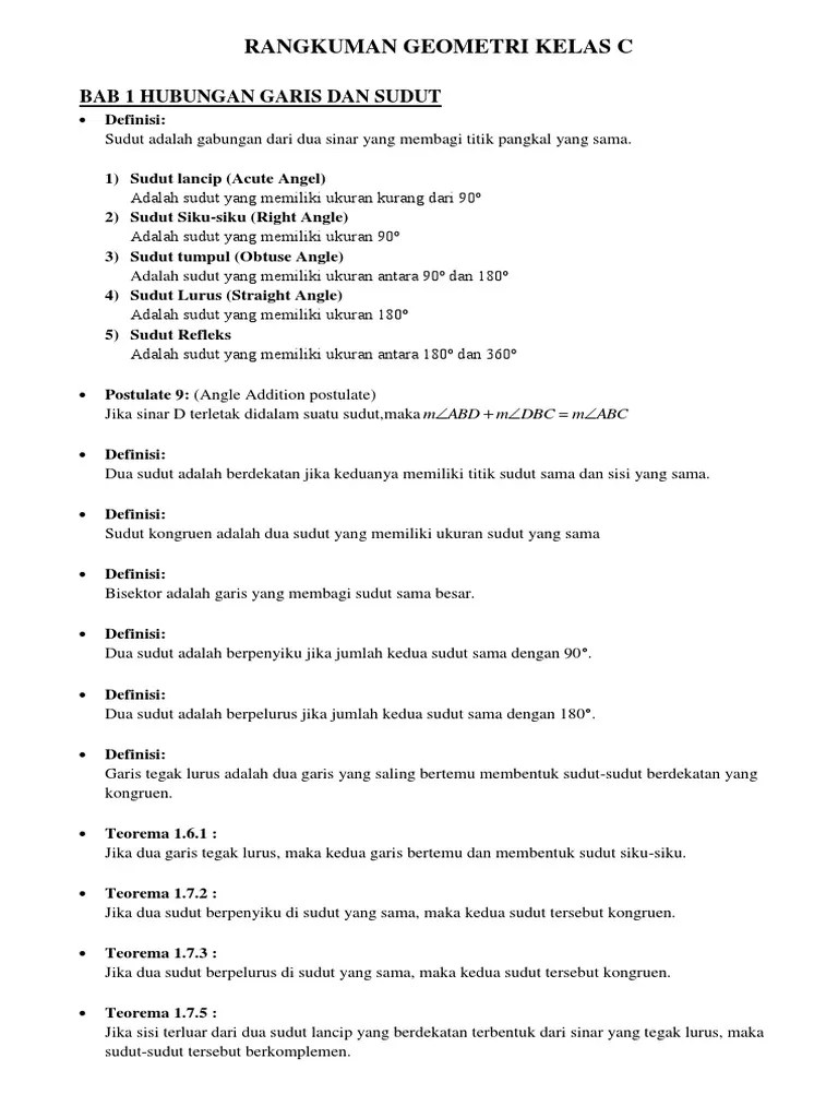 sudut yang berhadapan yaitu sudut tumpul dan sudut lancip e. Rangkuman Geometri Kelas C Fix Pdf