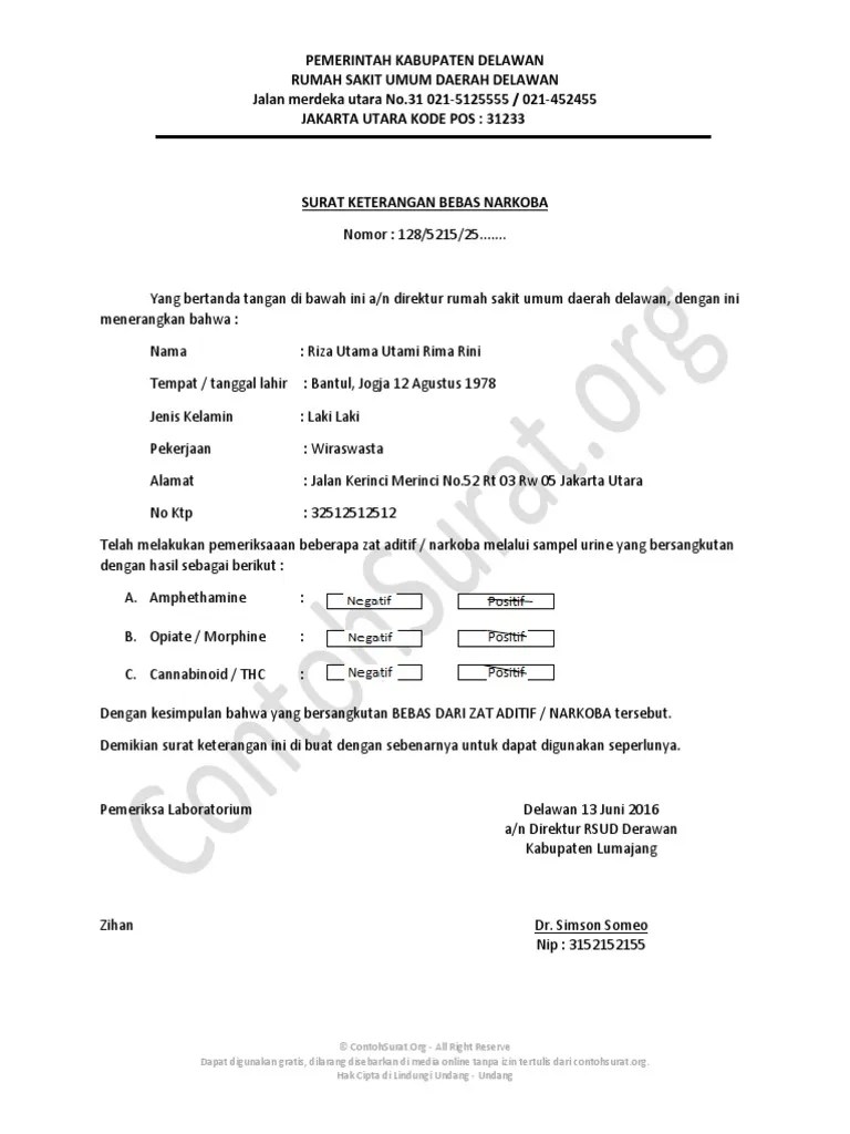 Download contoh format surat lamaran pernyataan seleksi cpns kemenag 2018 kementerian agama tips. Contoh Surat Keterangan Bebas Narkoba Rumah Sakit Pdf