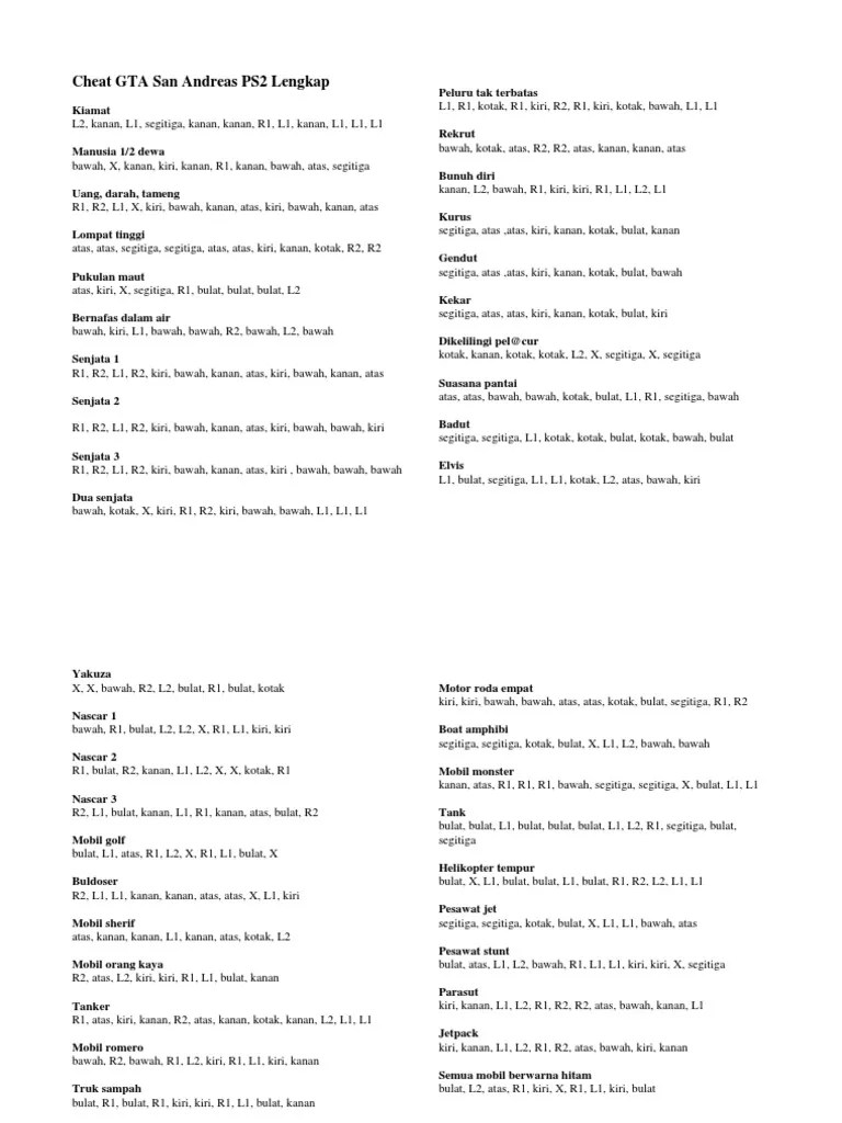 Buat kamu yang mau bernostalgia, berikut 100+ kode cheat gta san andreas di ps2 dan pc · dunia kacau (kiamat): Cheat Gta San Andreas Ps2 Lengkap Pdf