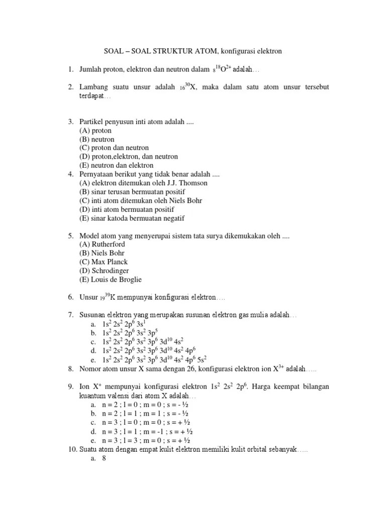 Soal Struktur Atom Dan Konfigurasi Elektron