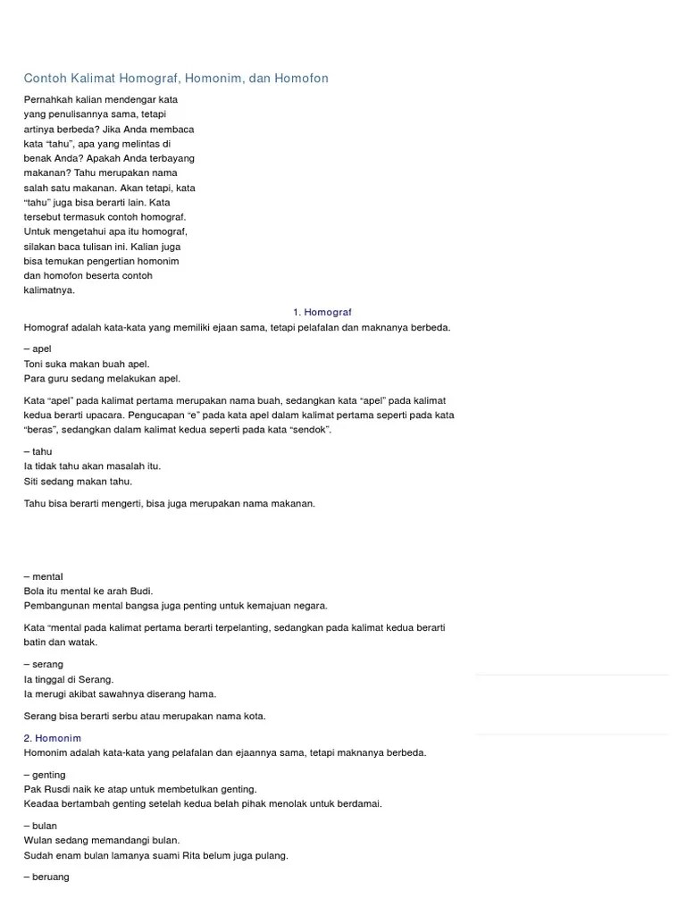 Contoh kata polisemi adalah agaru (上. Contoh Kalimat Homograf, Homonim, Dan Homofon - Belajar