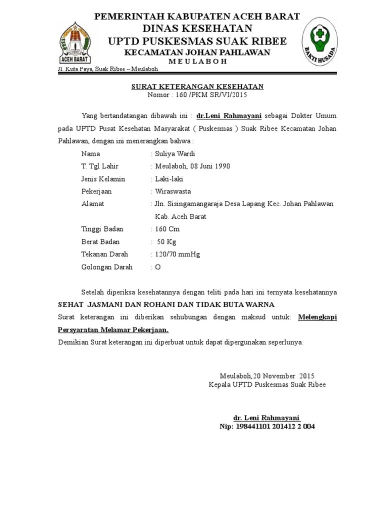 Surat keterangan sehat yang terdapat keterangan tinggi dan berat badan; Surat Keterangan Kesehatan Pdf
