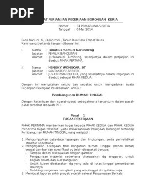 Dokumen ini merupakan contoh dokumen kontrak, apabila akan digunakan harap menyesuaikan. Surat Perjanjian Pekerjaan Borongan Kerja Pembangunan Rumah Tinggal Pdf