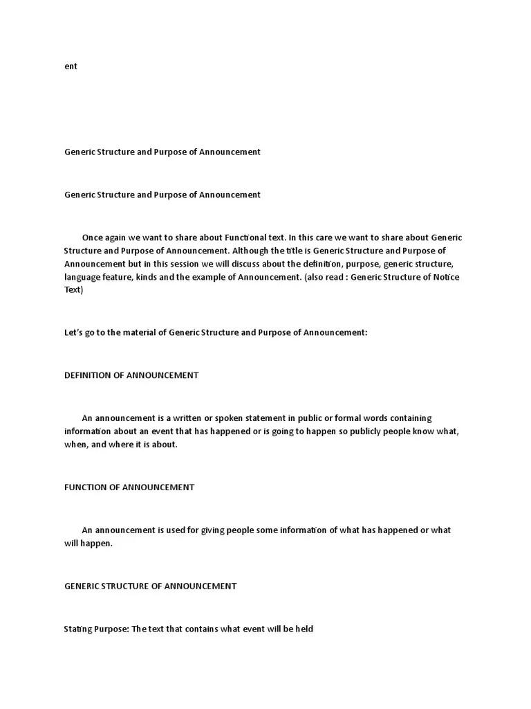 Announcement Text Definition Goal Generic Structure Language Features  Example