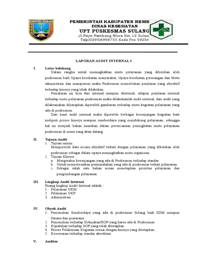 Kak audit internal unit p2 tbc. Laporan Hasil Audit Internal Puskesmas Seputar Laporan