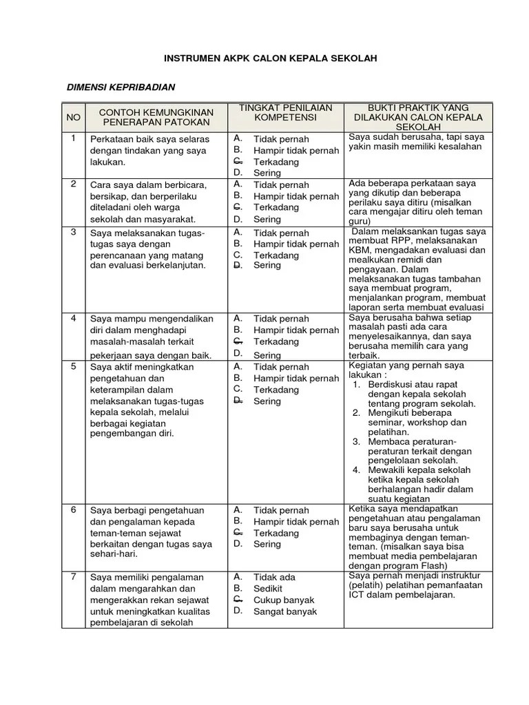 Melaksanakan dan membuat laporan upaya peningkatan kompetensi sosial. Instrumen Akpk Kepala Sekolahmadrasah