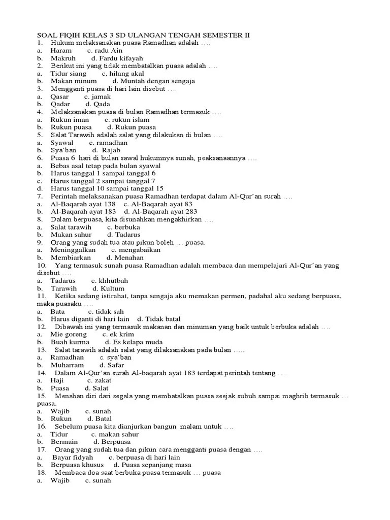 Ulangan harian pai sd kelas 5; Soal Fiqih Kelas 3 Sd Ulangan Tengah Semester Ii Pdf