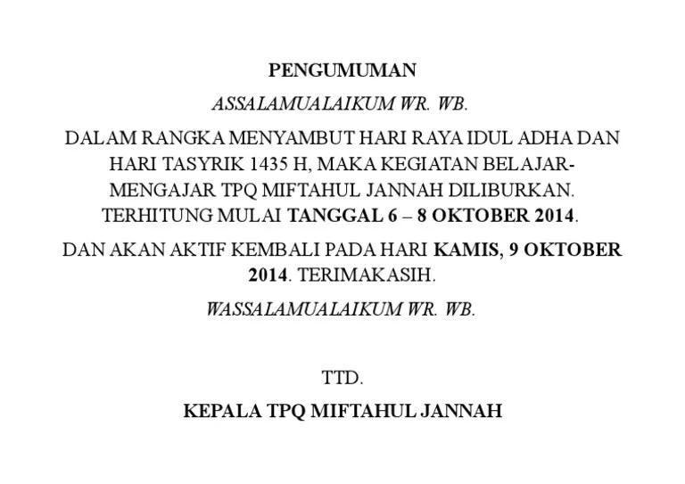 Contoh 1 (pengumuman tertulis di sekolah). Pengumuman Libur Idul Adha Pdf