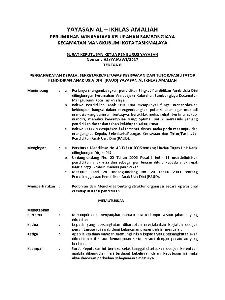 Aan ketua yayasan iqomatul ummah. Contoh Sk Pengangkatan Kepala Sekolah Paud Oleh Yayasan Doc Dapatkan Contoh