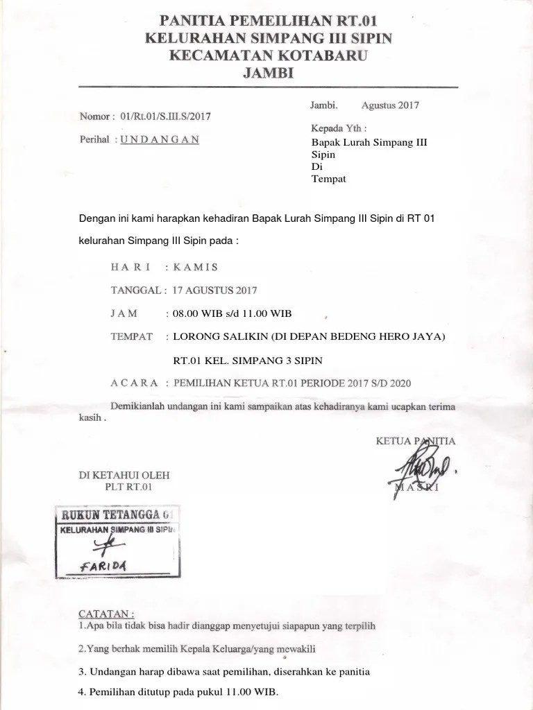Contoh surat berita acara penyelesaian pekerjaan. Surat Undangan Pemilihan RT