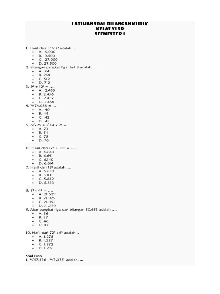 contoh soal semester 1 kelas 1 sd. Lat Bilangan Kubik