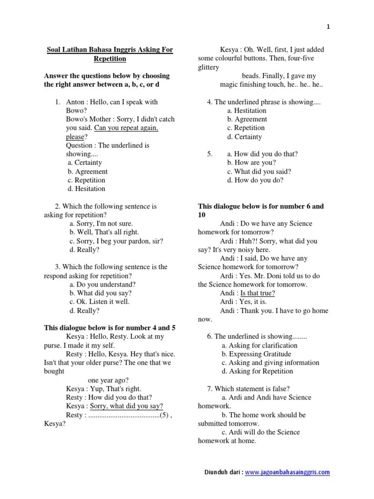 Would you mind giving that to me one . Soal Latihan Bahasa Inggris Asking For Repetition Pdf