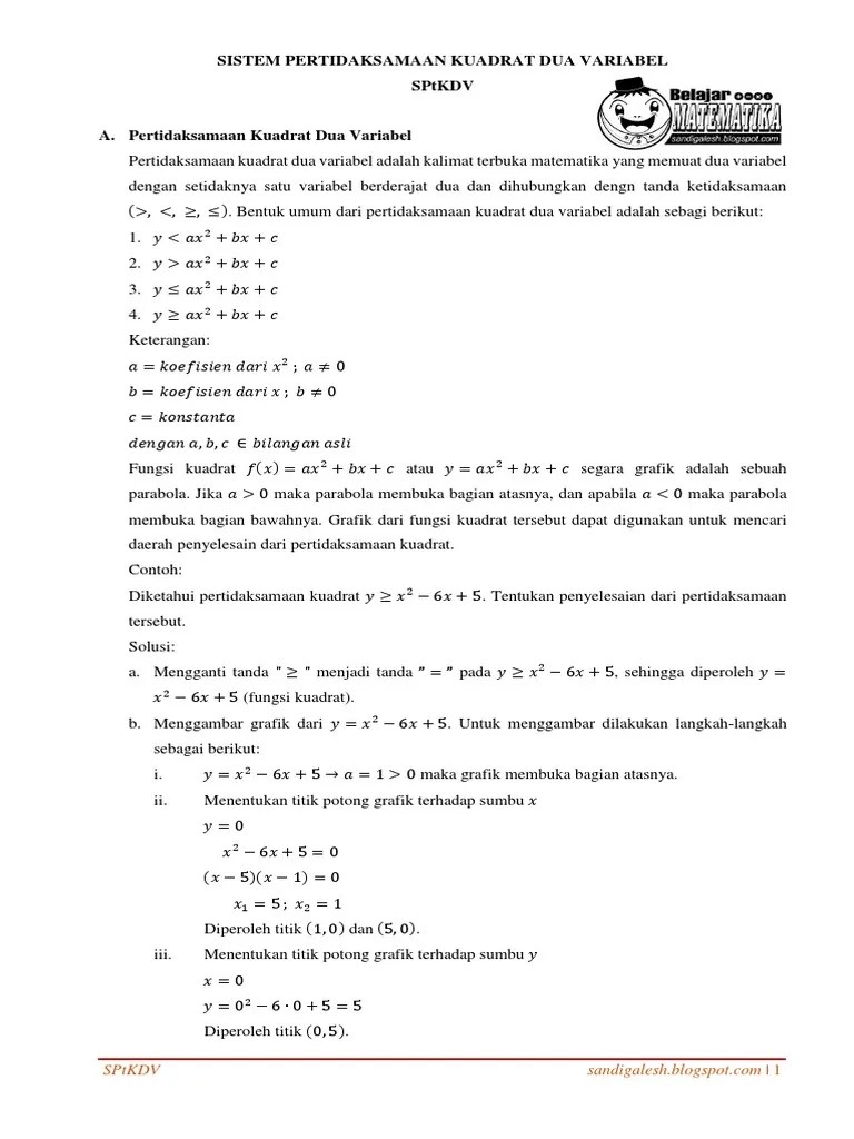BAB 3 Rangkuman Sistem Pertidaksamaan Kuadrat Dua Variabel | PDF