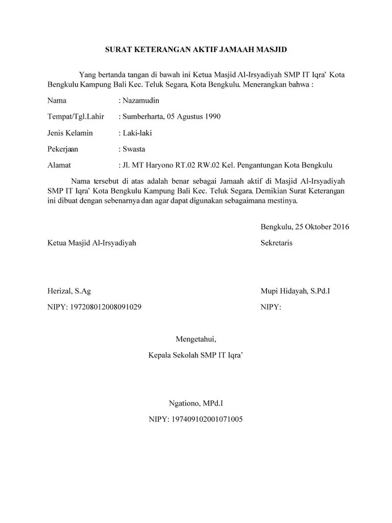 Surat pernyataan inggris 17k views. Surat Aktif Jamaah Masjid Pdf