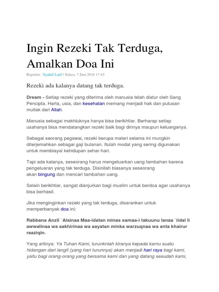 Namun begitu, ini bukanlah bermaksud seseorang itu tidak perlu berusaha untuk mendapatkan rezeki yang lebih. Ingin Rezeki Tak Terduga Pdf