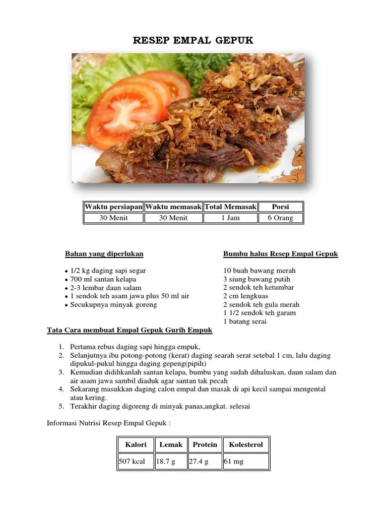 Panaskan wajan bekas menggoreng daging, masukan bawang putih & bawang bombay, aduk hingga harum lalu masukan semua sisa bahan saus, kecuali larutan maizena. Resep Empal Gepuk Pdf