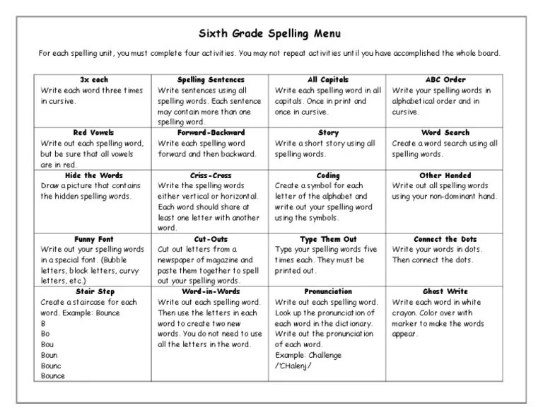 sixth grade spelling menu letter case spelling