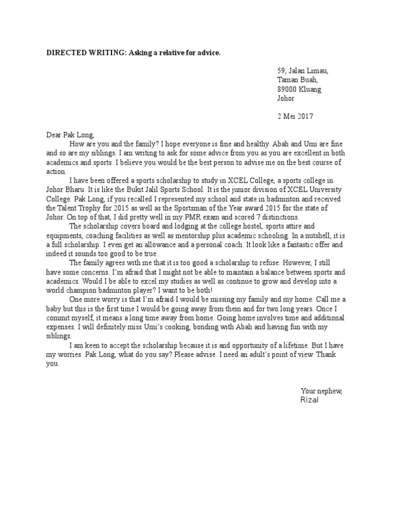 Understanding spm essay questions and the writing format · article · letter (informal or formal) · report · informative letter · talk or speech. Directed Writing Sample Informal Letter Pdf