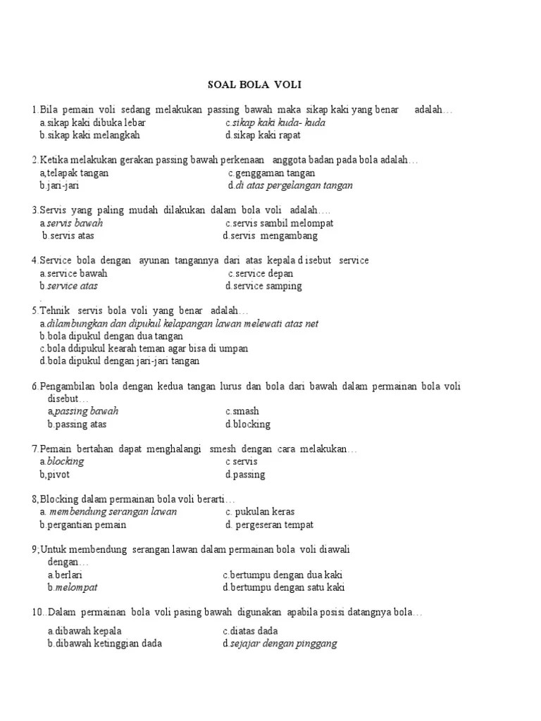 Sepak bola, bola voli, bola basket, dan bulu tangkis. Soal Voli Pdf