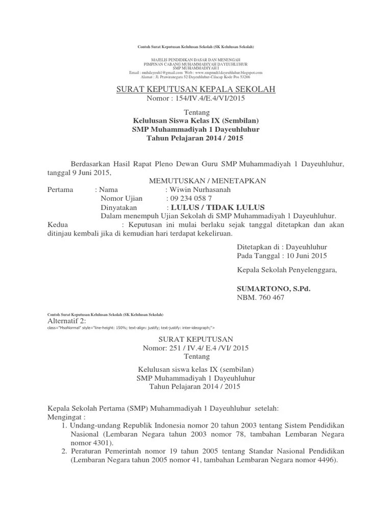 Contoh surat keputusan (sk) kriteria kelulusan siswa jenjang smp/ mts. Contoh Surat Keputusan Kelulusan Sekolah
