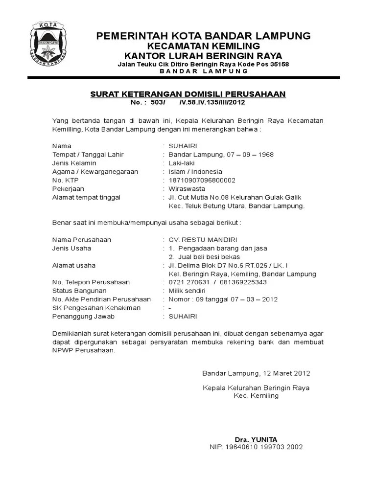Saat sedang bekerja di suatu perusahaan atau instansi . contoh surat keterangan domisili perusahaan.doc