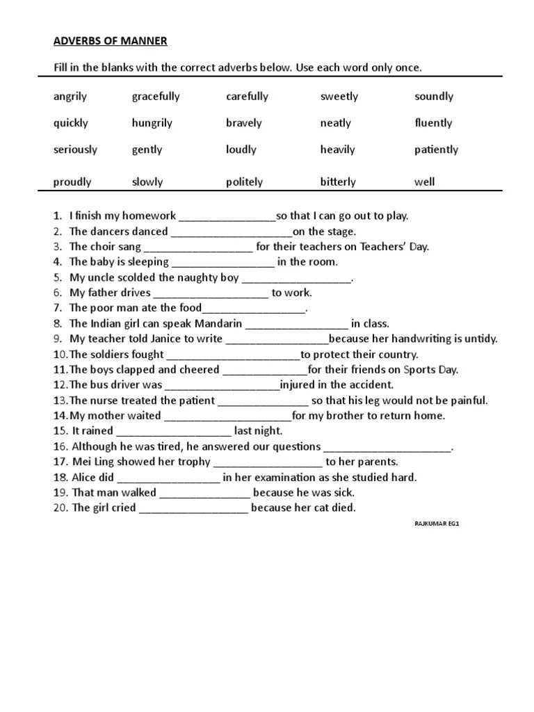 Exercises on english word order. Adverbs Of Manner Exercise