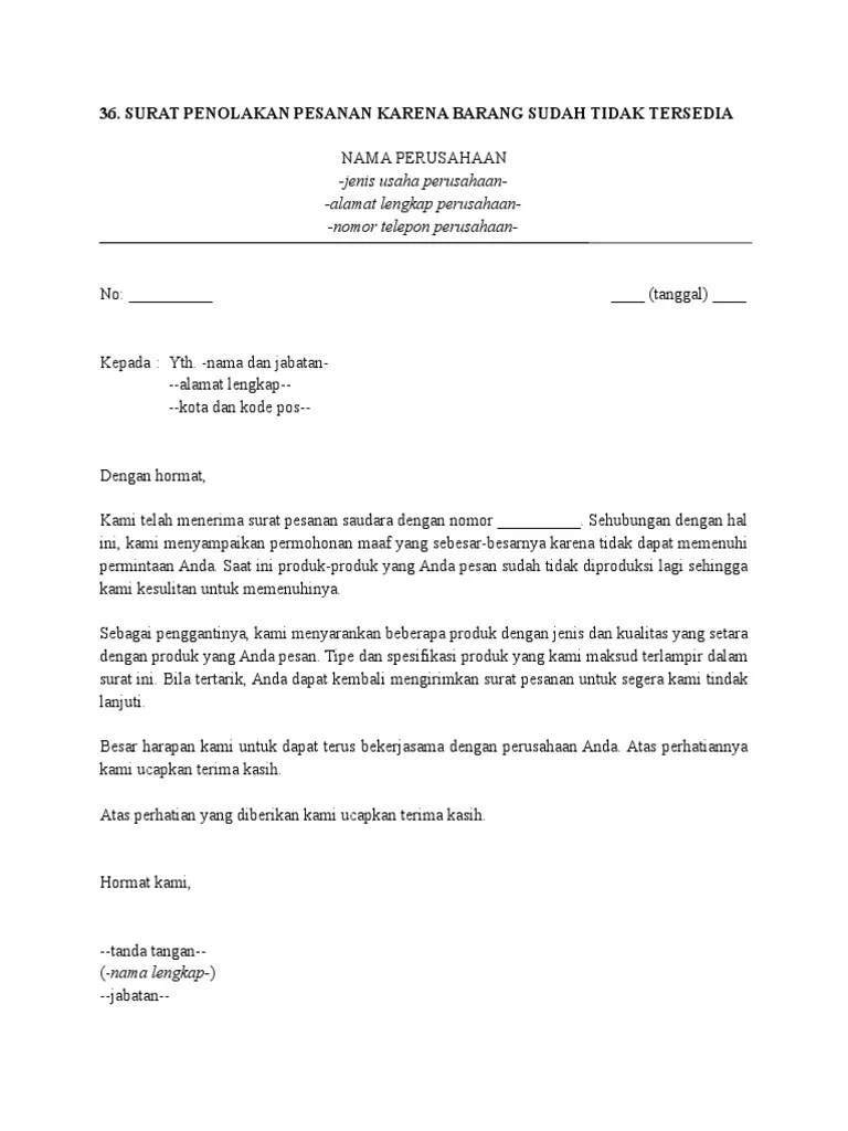 Surat Penolakan Pesanan Karena Barang Sudah Tidak Tersedia | PDF