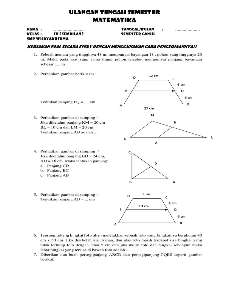 Ab = 1, ce = 8, bd =, cd =. Ulangan Harian Matematika Bab 1 Smp Kls Ix Ganjil